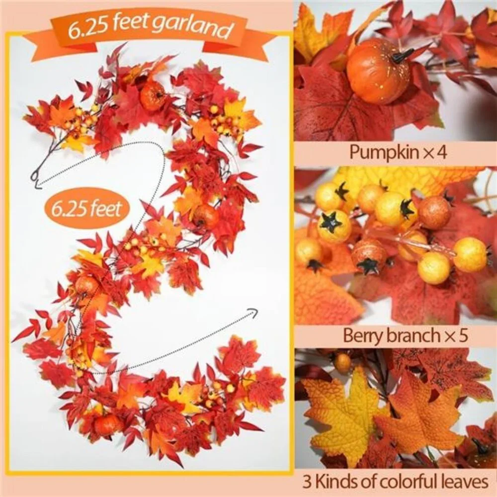 Fall Garland with Lights Timer 6.2FT Autumn Garlands Maple Leaves Pumpkin Berry